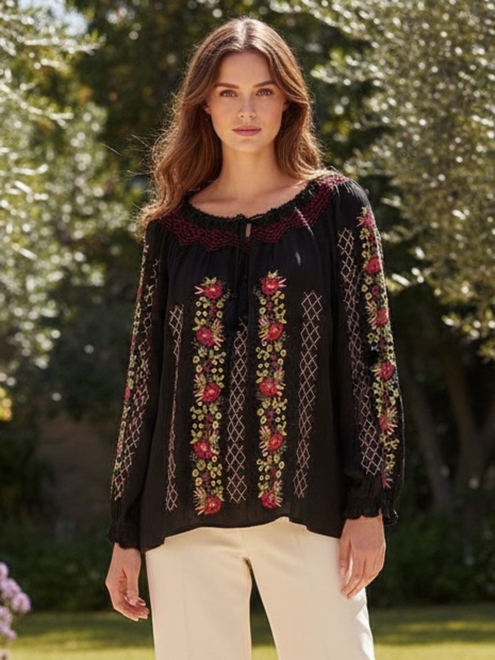 J.Jill Black Embroidered Floral Rose Peasant Blouse Tassel Tie Size S Folk Art